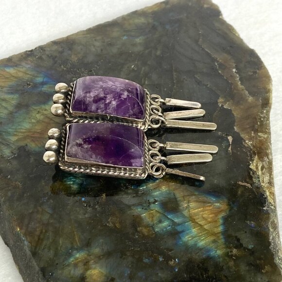 VTG Sterling Silver 925 Mexico Bezel Set Loaf Faceted Double Amethyst Brooch - Picture 11 of 16